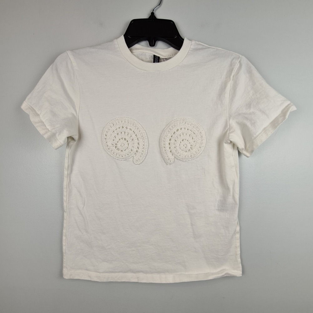 Divided H&M Motif Seashell Knit Detail Shirt XXS Womens Short Sleeve Streetwear